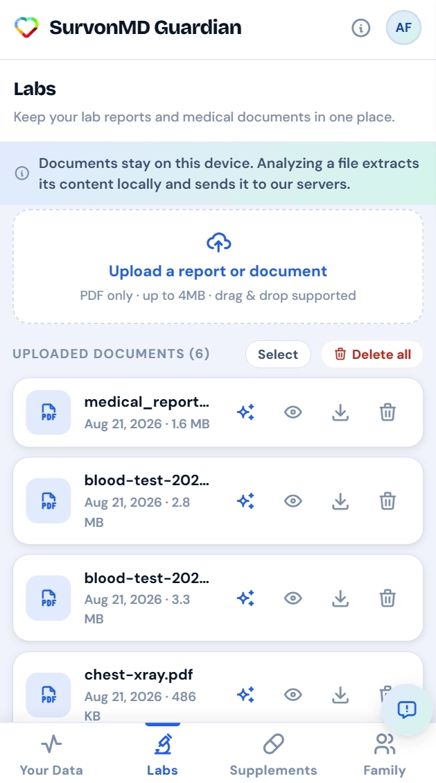 SurvonMD Guardian Labs screen showing document upload and the Request lab tests option